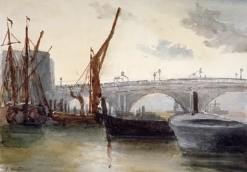 Uitzicht op Blackfriars Bridge, met boten op de voorgrond, Londen, ca. 1835