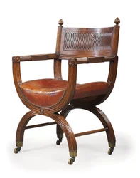 Laat-Victoriaanse mahonie X-frame fauteuil, toegeschreven aan Marsh, Jones & Cribb, naar een ontwerp van Thomas Hope, ca. 1880
