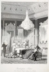 Buckingham Palace - De Prinses Royal poseert voor een portret, uit London Interiors met hun Kostuums en Ceremonies, uitgegeven door Joseph Mead, Londen