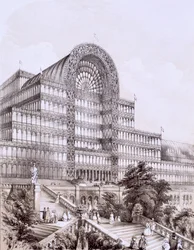 Crystal Palace in Sydenham, de voorkant van het Grote Transept, ca. 1851-55