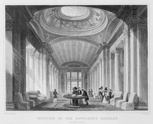 Interieur van de Advocatenbibliotheek, Edinburgh, gegraveerd door William Watkins, 1831