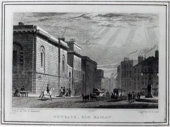 Newgate gevangenis en de Old Bailey, gegraveerd door Robert Acon, 1831