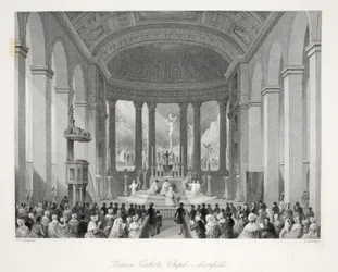 Rooms-katholieke kapel, Moorfields, uit Londense interieurs met hun kostuums en ceremonies, uitgegeven door Joseph Mead, Londen, ca. 1843