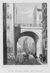 Zuidbrug vanaf de Cowgate, Edinburgh gegraveerd door William Watkins, 1831