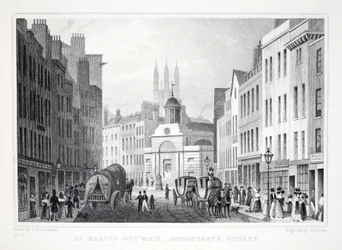 St Martin Outwich, Bishopsgate Street, uit Londen en zijn Omgeving in de Negentiende Eeuw, gepubliceerd door Jones en Co., 1827-1829