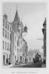 De Canongate Tolbooth, Edinburgh, gegraveerd door Thomas Barber, 1829