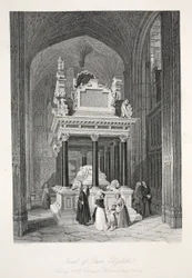 Graf van koningin Elizabeth I, uit “London Interiors with their Costumes and Ceremonies”, uitgegeven door Joseph Mead, Londen, ca. 1843