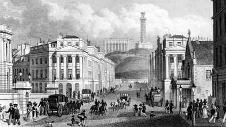 Waterloo Place, het National Monument, het Nelson Monument en Calton Hill, Edinburgh, gegraveerd door Thomas Barber, 1829