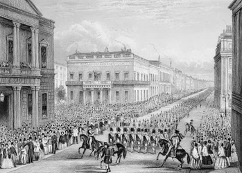 Begrafenisstoet van Wellington die langs de Senior United Service Club trekt, Pall Mall, Londen, 1852