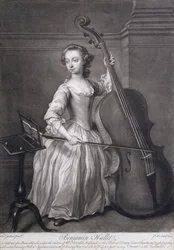 Portret van Benjamin Hallet die cello speelt, gegraveerd door James McArdell, ca. 1749