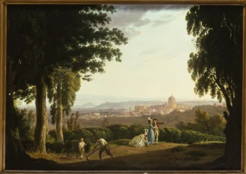 Elegante figuren op een heuvel met een verre blik op Rome