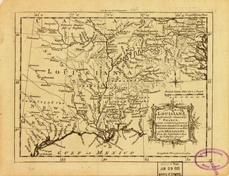 Louisiana, zoals vroeger geclaimd door Frankrijk, dat nu een deel van Brits Amerika ten oosten en Spaans Amerika ten westen van de Mississippi omvat. LOC 77690498