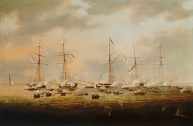 Britse en Amerikaanse kanonneerboten in actie op Lake Borgne