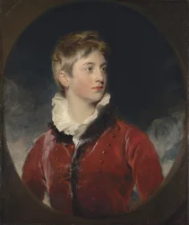Portret van Frederick William Stewart, 4e Markies van Londonderry, K.P., M.P. (1805-1872) als jongen, halflang, in een rode jas, in een gefingeerd ovaal