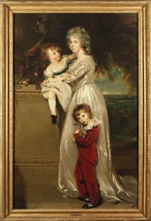Portret van mevrouw Annesley, staand in een witte jurk met haar twee kinderen