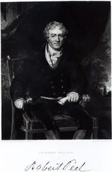 Portret van Sir Robert Peel (1788-1850), gegraveerd door H. Robinson