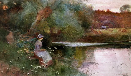 In Hampton Lucy, Warwickshire. Een jong meisje zit bij een meer op het platteland. Schilderij van Thomas Mackay (1851-1920) Privécollectie