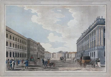 Uitzicht op Millionnaya Street en het Marmeren Paleis door het Marsveld