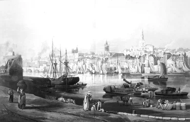 Uitzicht op de haven en stad Newcastle upon Tyne, vanaf de Rope Walk, Gateshead, gegraveerd door Robert Havell, 1819