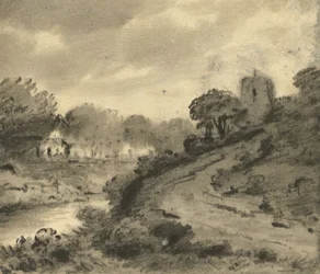 Bosrijk rivierlandschap met een rots op de voorgrond