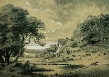 Landschap met een huisje bij een rivier