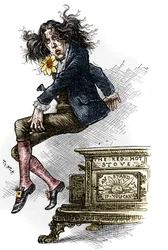 Cartoon van Oscar Wilde (1854-1900), gekleed als dandy, gemaakt tijdens zijn reis naar de Verenigde Staten in 1882. Tekening door Thomas Nast in 