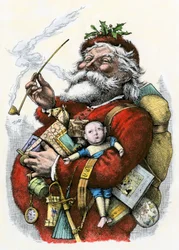 Pere Noel (de Kerstman) met speelgoed in zijn armen