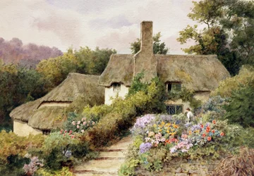 Een huisje in Selworthy, Somerset, Engeland. Een vrouw in de tuin van een Engels landhuis. Schilderij van Thomas Nicholson Tyndale (1860-1930 Brits) Privécollectie