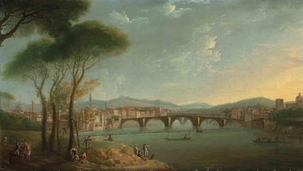 Een uitzicht op de Arno, Florence, vanaf de Cascine-tuinen, met figuren die vissen en rusten op de rotsen op de voorgrond, de Ponte alla Carità en de Ponte Vecchio daarachter