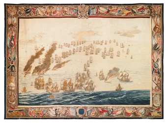 Historisch wandtapijt van de Slag bij Solebay, Mortlake, ontwerpen toegeschreven aan William van de Velde, ca. 1688