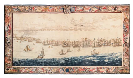 Historisch wandtapijt van de Slag bij Solebay, Mortlake, ontwerpen toegeschreven aan William van de Velde, ca. 1688