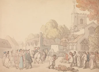 Een dorpsgezicht bij een kerk