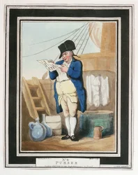 Een scheepskapitein in de Koninklijke Marine in de 18e eeuw, om deze rang te bereiken moest een man minstens een jaar als secretaris van de kapitein hebben gediend, om de post en het logboek te schrijven, de commissaris was verantwoordelijk voor de scheeps