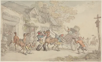 Van paard wisselen bij een poststation in Frankrijk