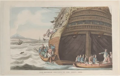 Don Michele klimt aan boord van het schip