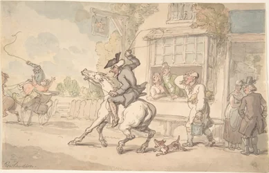 Dr. Syntax met een weerbarstig paard voor een herberg