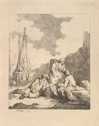 Vissers aan de kust - Kustscène met een man zittend op de grond rustend op een elleboog..., 1786