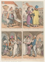 Vier scènes uit de Cries of London-serie: Hier zijn je aardappelen..., Koop mijn mos..., 1 augustus 1801