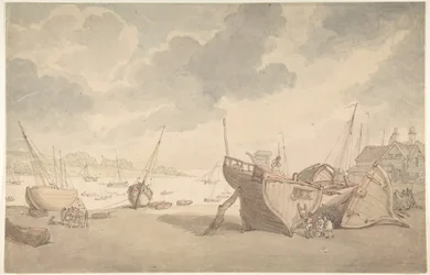 Havenscène bij eb, met aangespoelde boten