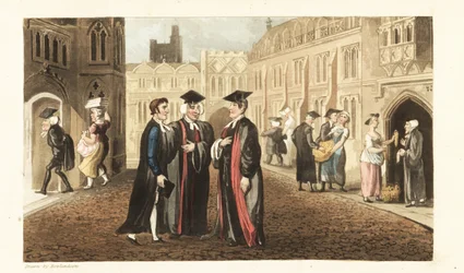 Johnny in gewaden praat met Dons aan de Universiteit van Oxford, terwijl andere geleerden en studenten maïs kopen van kruideniers en dienstmeisjes lastigvallen. Handgekleurde kopergravure door Thomas Rowlandson uit William Combe