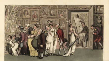Johnny in dienst bij de portretschilder Carmine in zijn galerie. Wanneer hij alleen is, bekladdert Johnny de portretten met krijt en veroorzaakt een opschudding. Handgekleurde kopergravure door Thomas Rowlandson uit William Combe