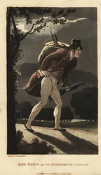 Johnny wandelend op de maanverlichte weg naar Londen. Hij heeft een rugzak met viool, een boek in zijn jaszak en draagt een paraplu. Handgekleurde kopergravure door Thomas Rowlandson uit William Combe