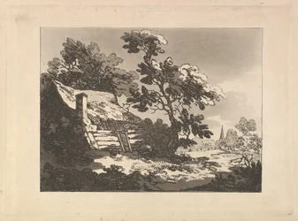 Landschap met een huisje tussen de bomen links en een kerktoren in de verte rechts