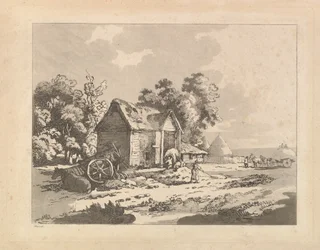 Landschap met figuren die hooi opslaan in een schuur, een kar en paard liggen links, 1783-84