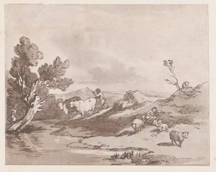 Landschap met een figuur die vee naar water drijft