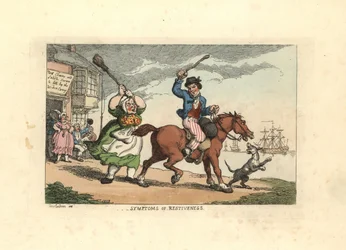 Man slaat een koppig paard met een knuppel, terwijl de eigenaar Wido