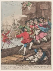 De ellende van Londen: Zodra je een van de bruggen van Londen of een van de doorgangen naar de Theems betreedt, word je belaagd door een groep [sic] schippers die hun handen omhoog houden en luidkeels roepen: „Roeren! Roeren! Roeren! Roeren!”