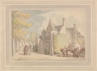 Monniken die buiten een klooster feestvieren