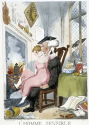 Oude man (kerkelijk) betast een jonge vrouw die op zijn knieën zit - karikatuur door Rowlandson
