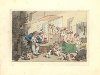 Regency schoenmaker repareert schoenen in een drukke kamer